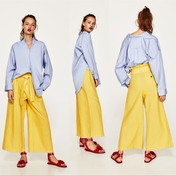 Zara Yellow Linen Wide Leg Paper Bag Cropped Palazzo Pants sz XS - Picture 2 of 16